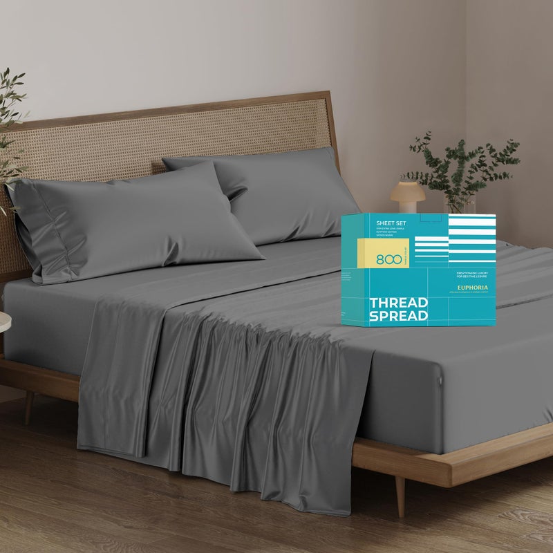 THREAD SPREAD 100% Egyptian Cotton Sheets California King Size - 800 Thread Count 4 PC Luxury Cal King Sheets, 16" Deep Pocket Hotel Sheets, Sateen Weave, Extra Soft Cooling Bed Sheets Set - Dark Grey - Image 1